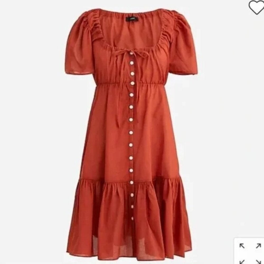 J Crew Rust Red Cotton Voile Tiered Button‎ Down Front Dress S Boho Chic Beach